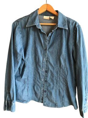 Erika Long-Sleeved Pleated Denim Shirt, Vintage Cotton Button-Down Size L